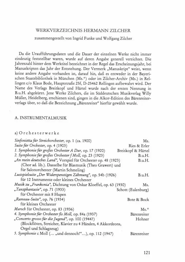 Werkverzeichnis - Hermann Zilcher